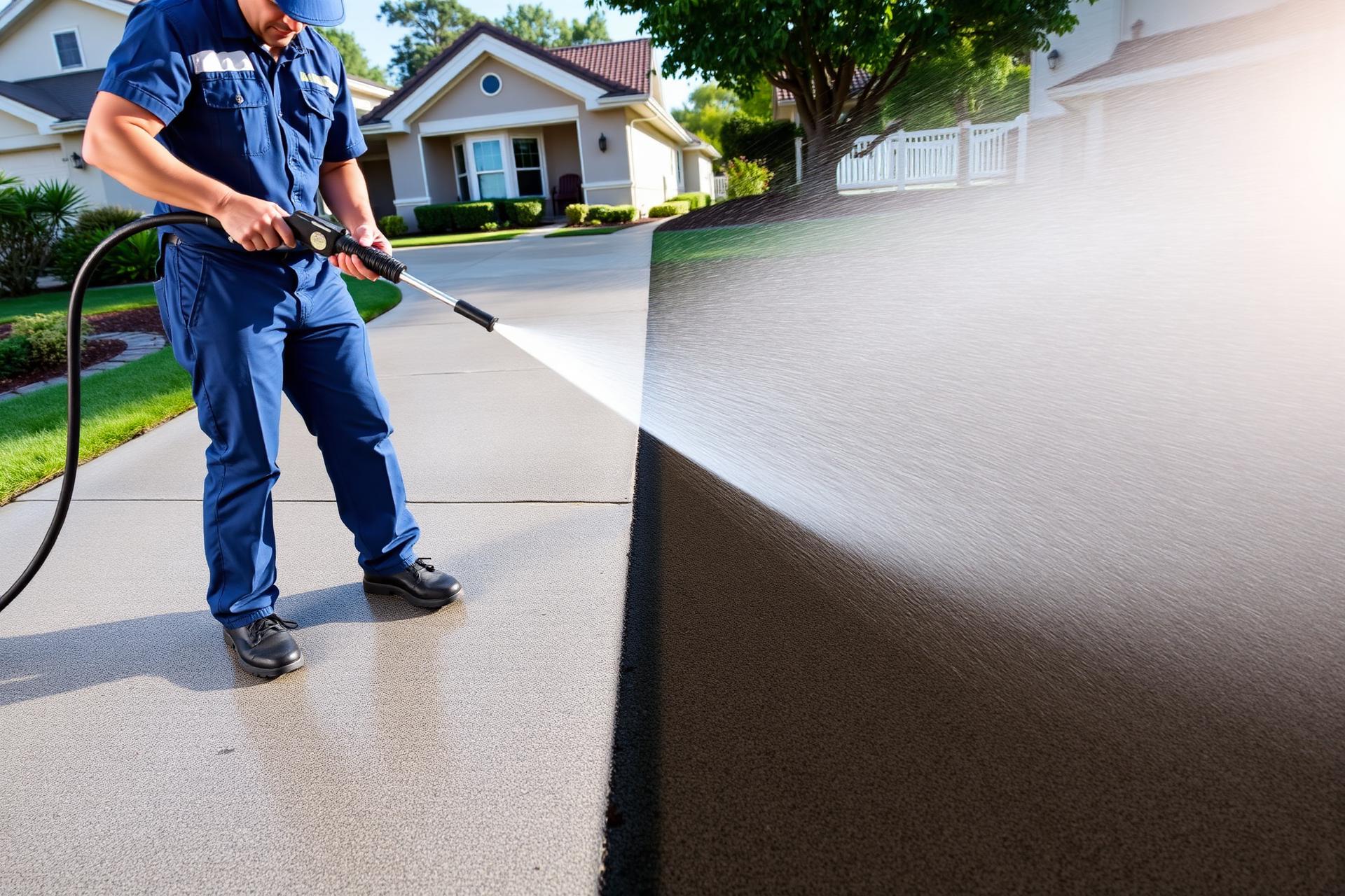 Professional pressure washing contractor cleaning a driveway with a dramatic before-and-after clean stripe